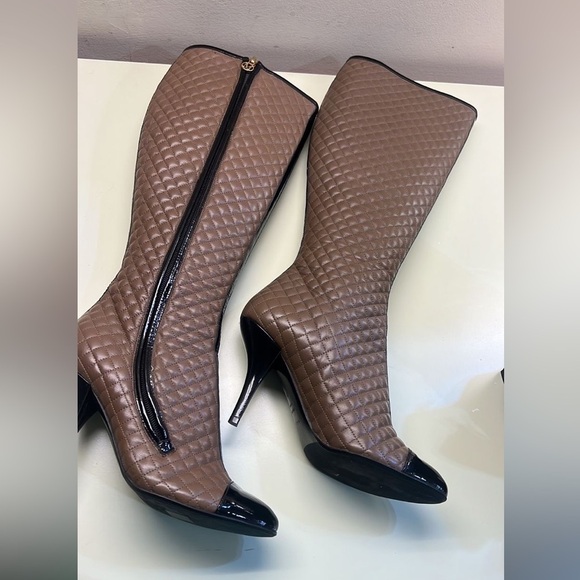 Bruno Magli Quilted Leather Knee-High Heeled Boots | Taupe & Black made Italy - Picture 2 of 4